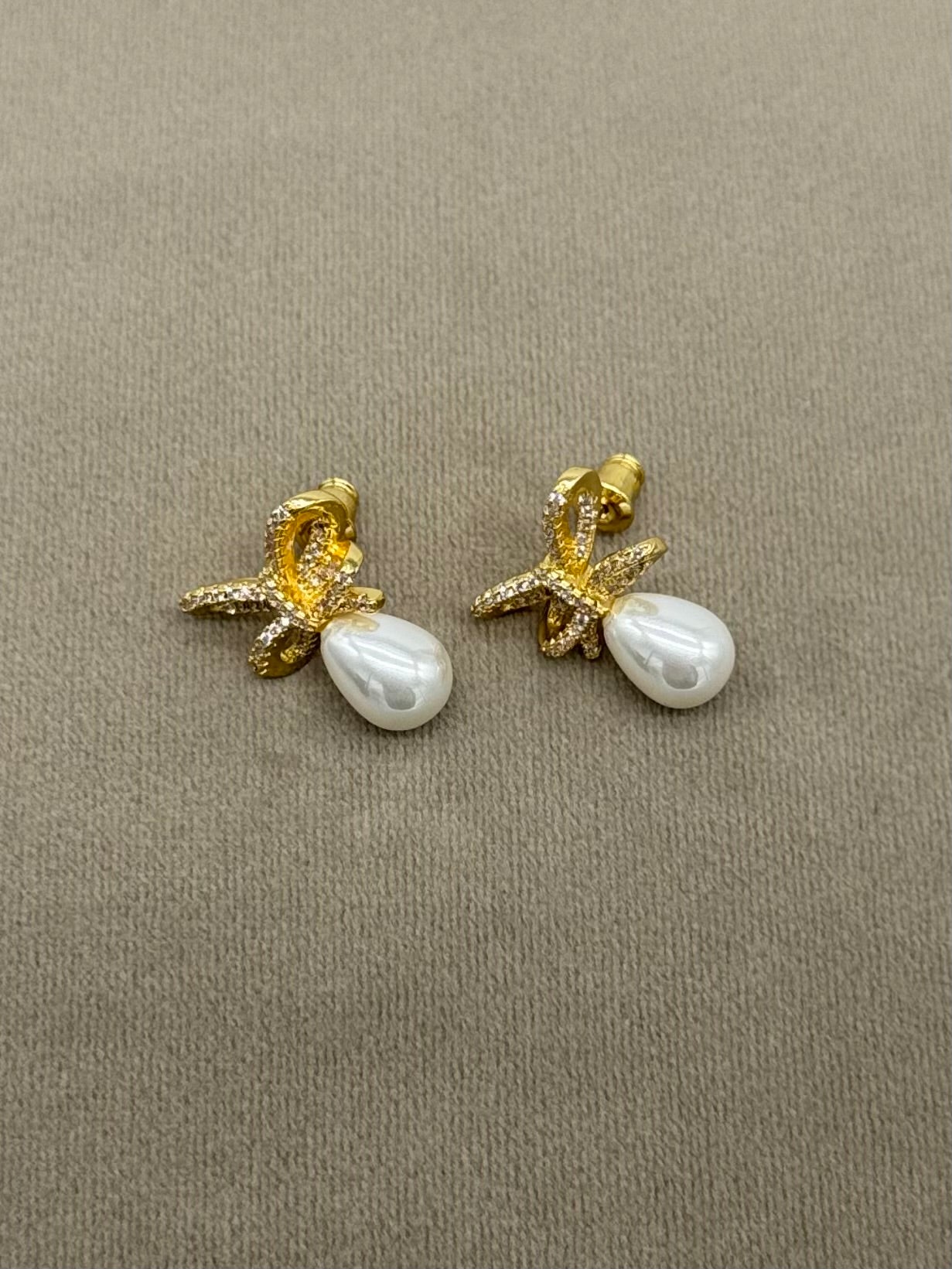 Pearl Bow Gold Plated Earrings