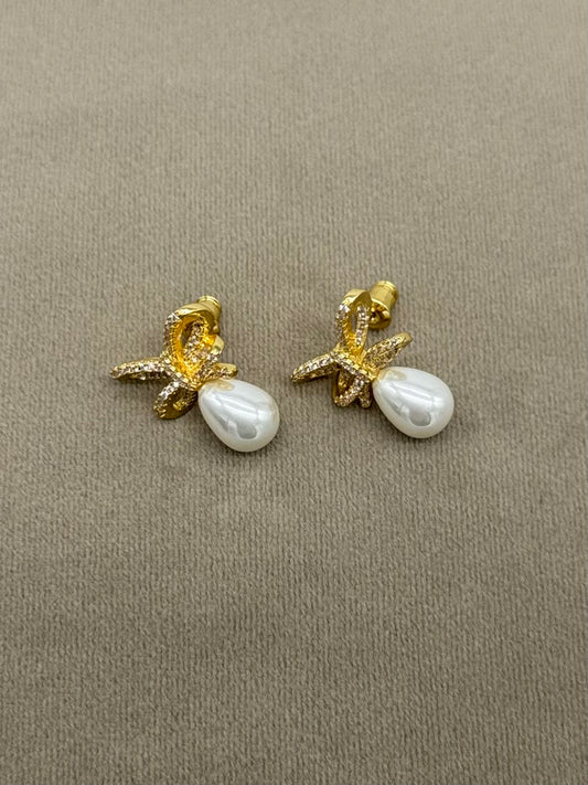 Pearl Bow Gold Plated Earrings