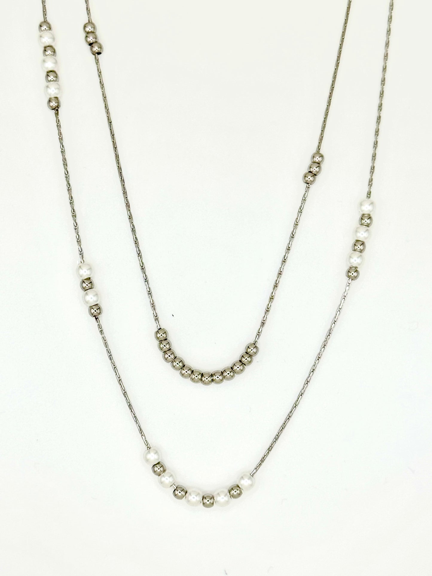 Layer Necklace Silver Pearls Stainless Steel